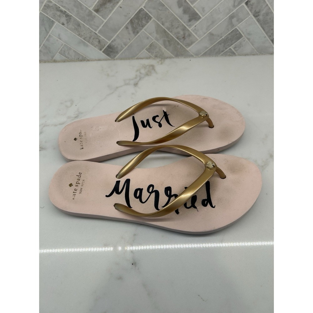 Kate Spade Just Married Flip Flops Thong Sandals Slides Gold Logo Women Size 7-8